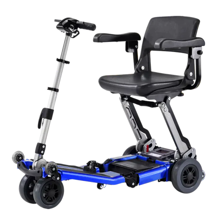Folding mobility scooter that is blue facing to the right on angle