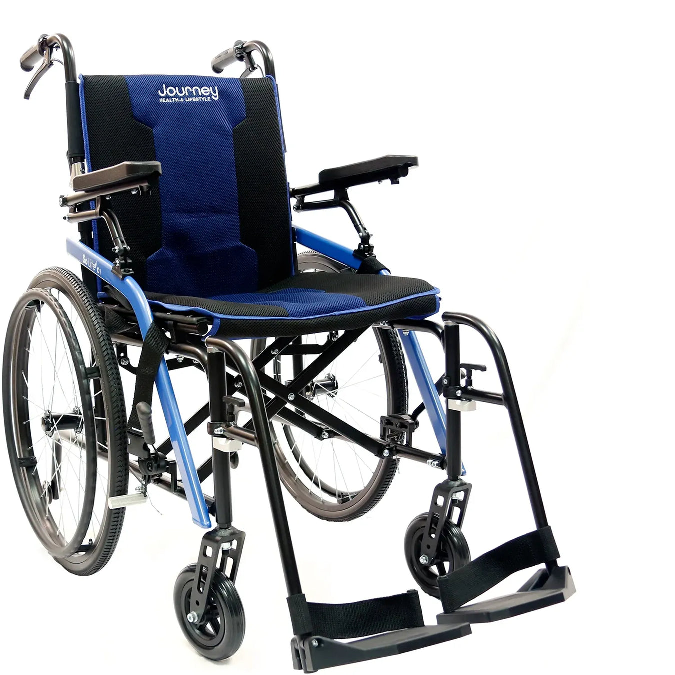 Blue manual folding wheelchair on angle shot