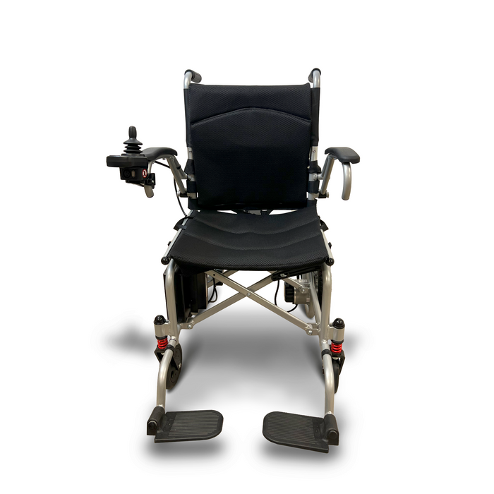 Journey Air Light weight electric wheelchair with right hand joystick looking directly at you